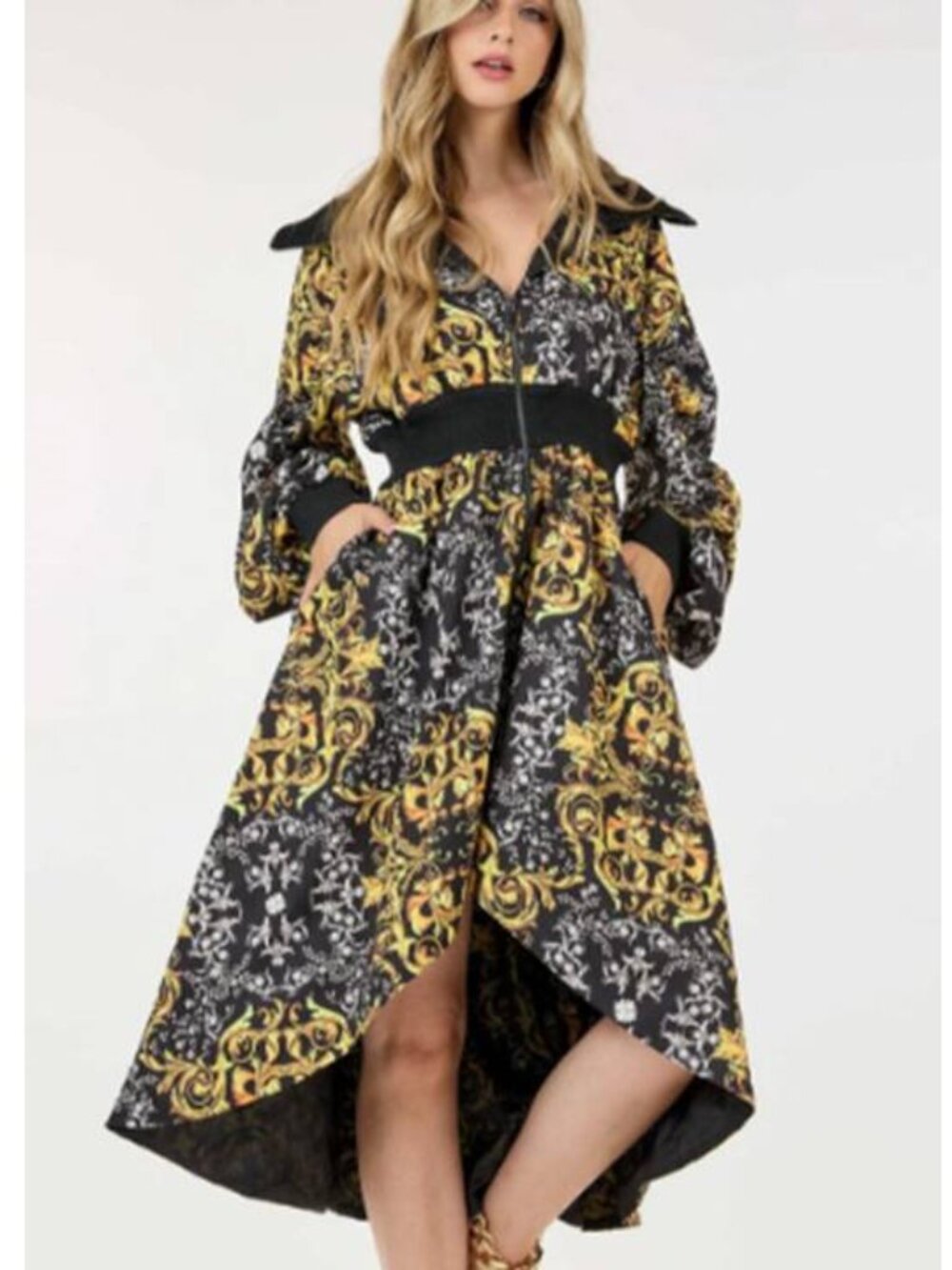Women's High Low Midi Dress Oversized Collar & Long Sleeves Glam Party Print